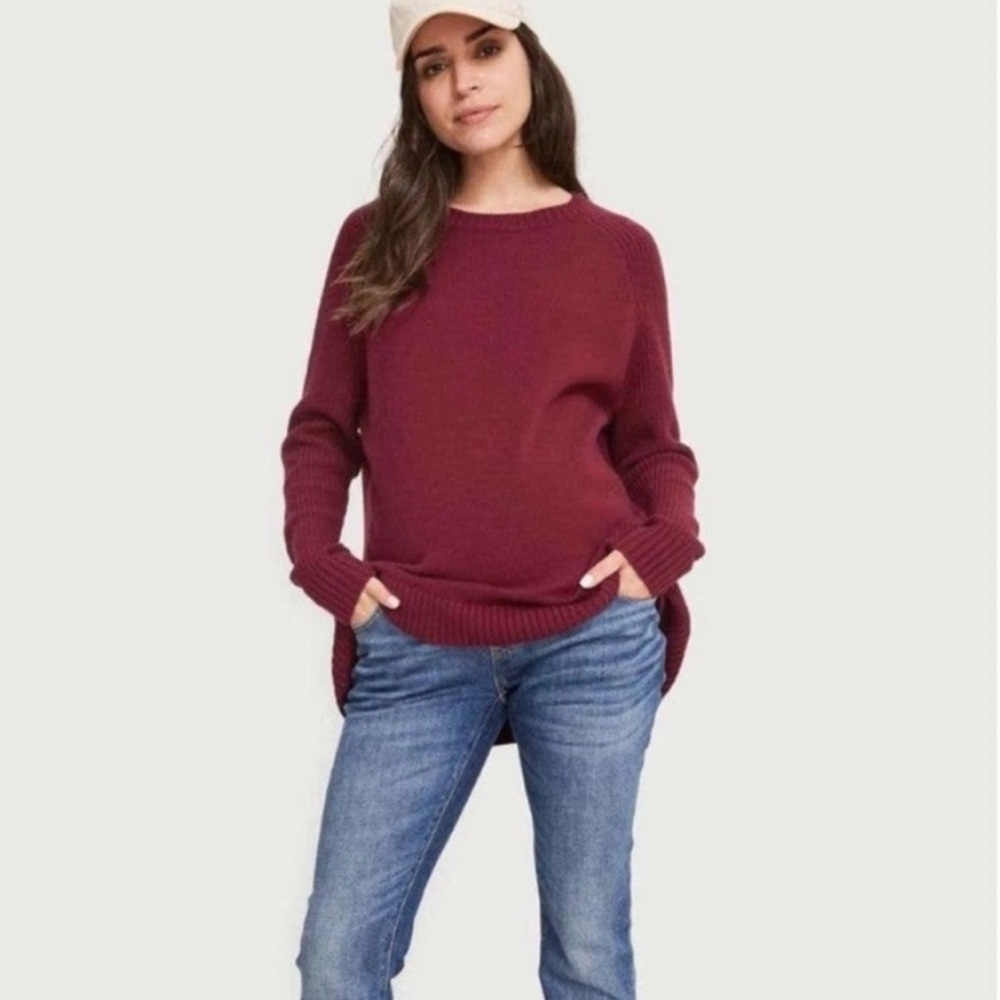 Hatch Baseball Sweater Burgundy Red Ribbed Knit High Low Crew Neck Pullover XS